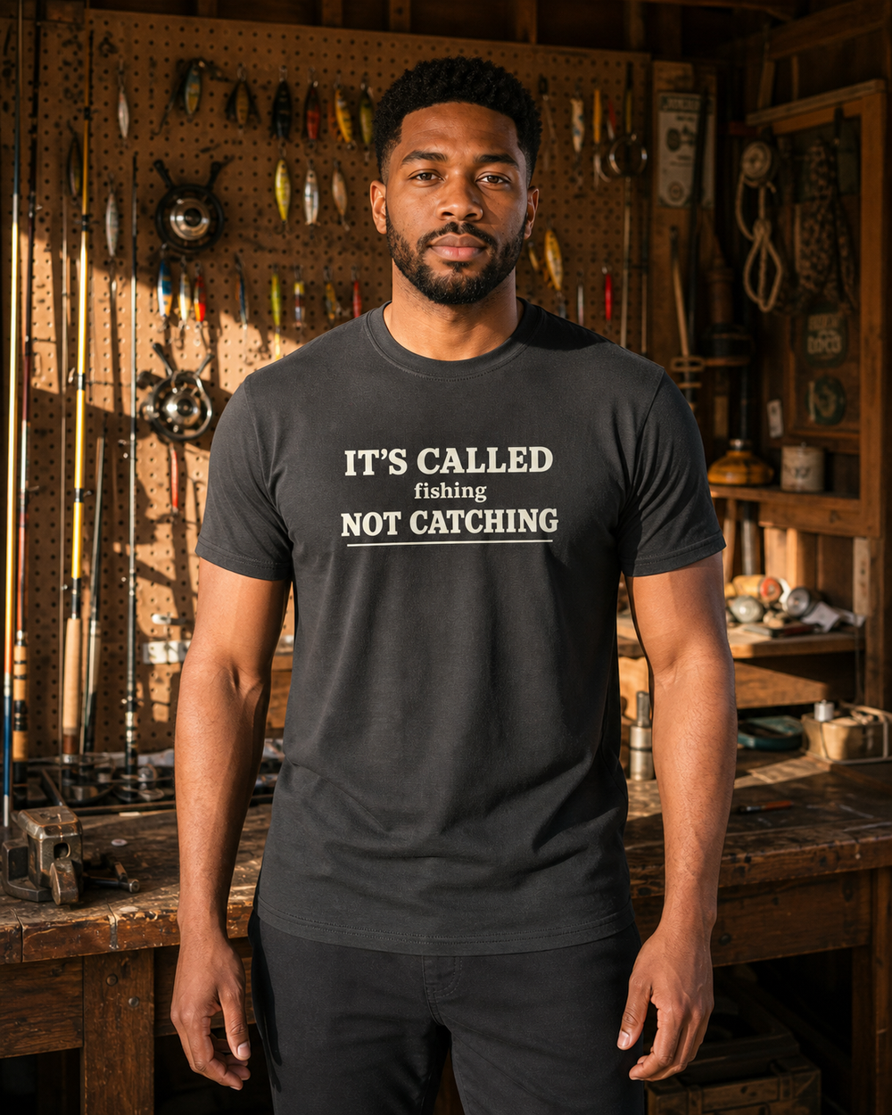 Called Fishing tee — black, worn, front