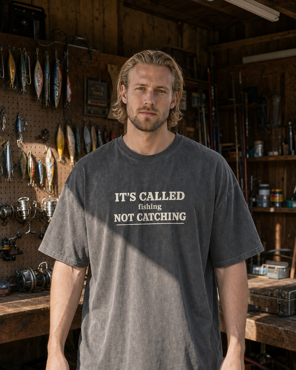 Called Fishing washed tee — washed black, worn, front