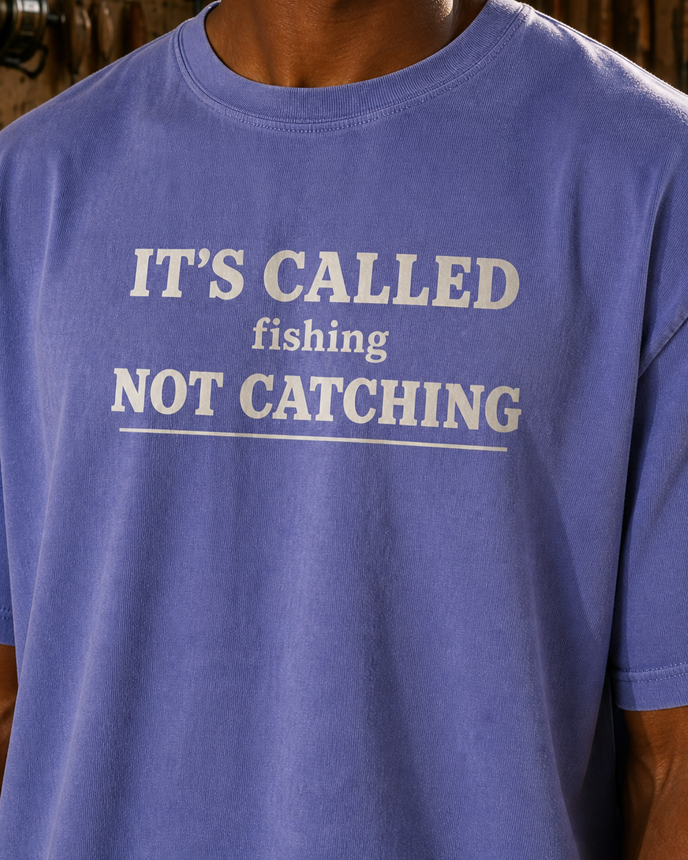 Called Fishing washed tee — washed blue, worn, side