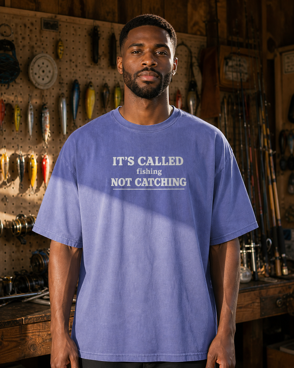 Called Fishing washed tee — washed blue, worn, front