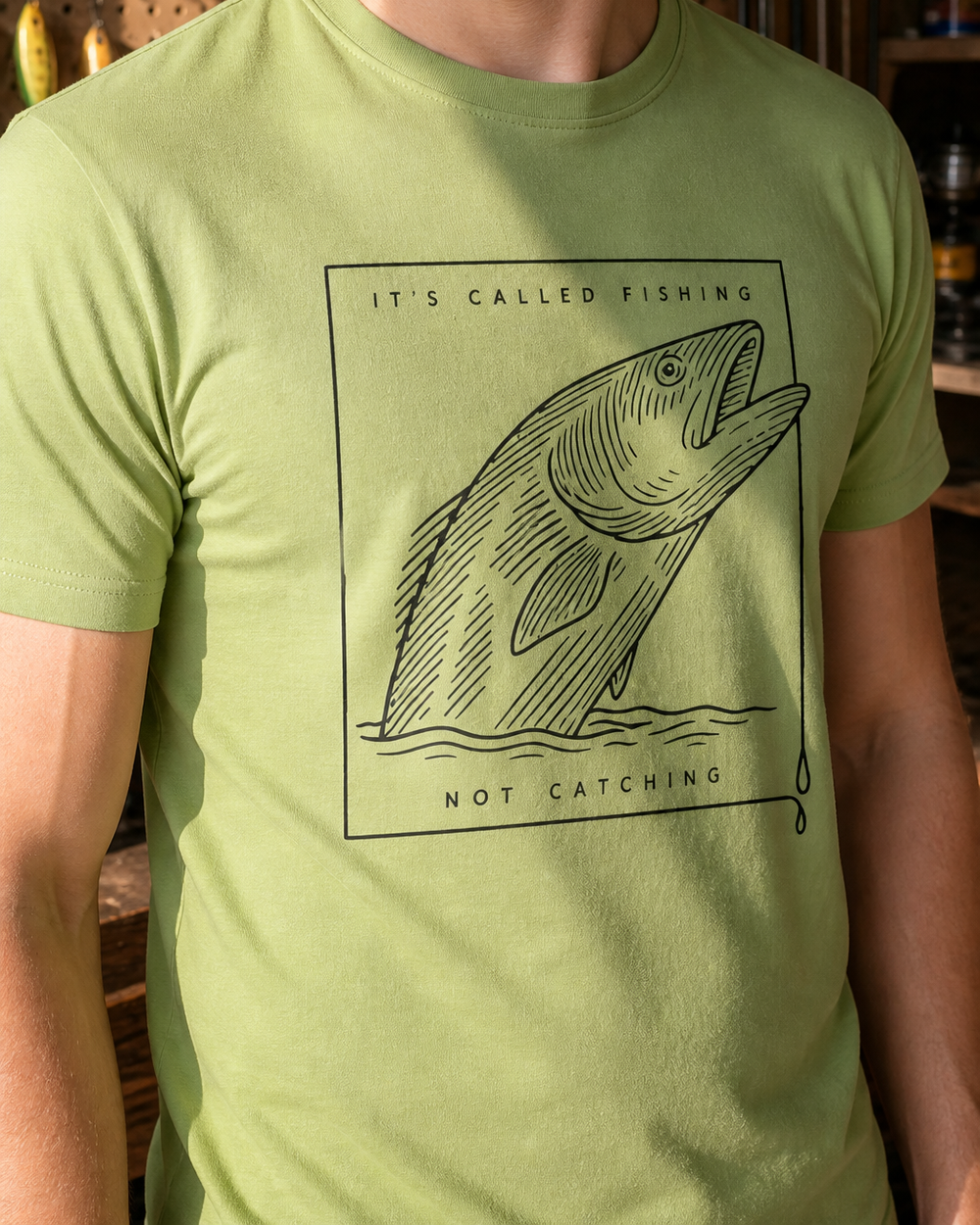 Called Fishing Etched tee — kiwi, worn, side