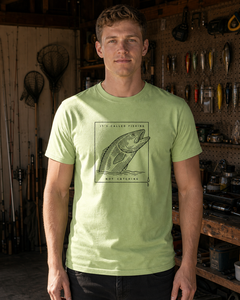 Called Fishing Etched tee — kiwi, worn, front