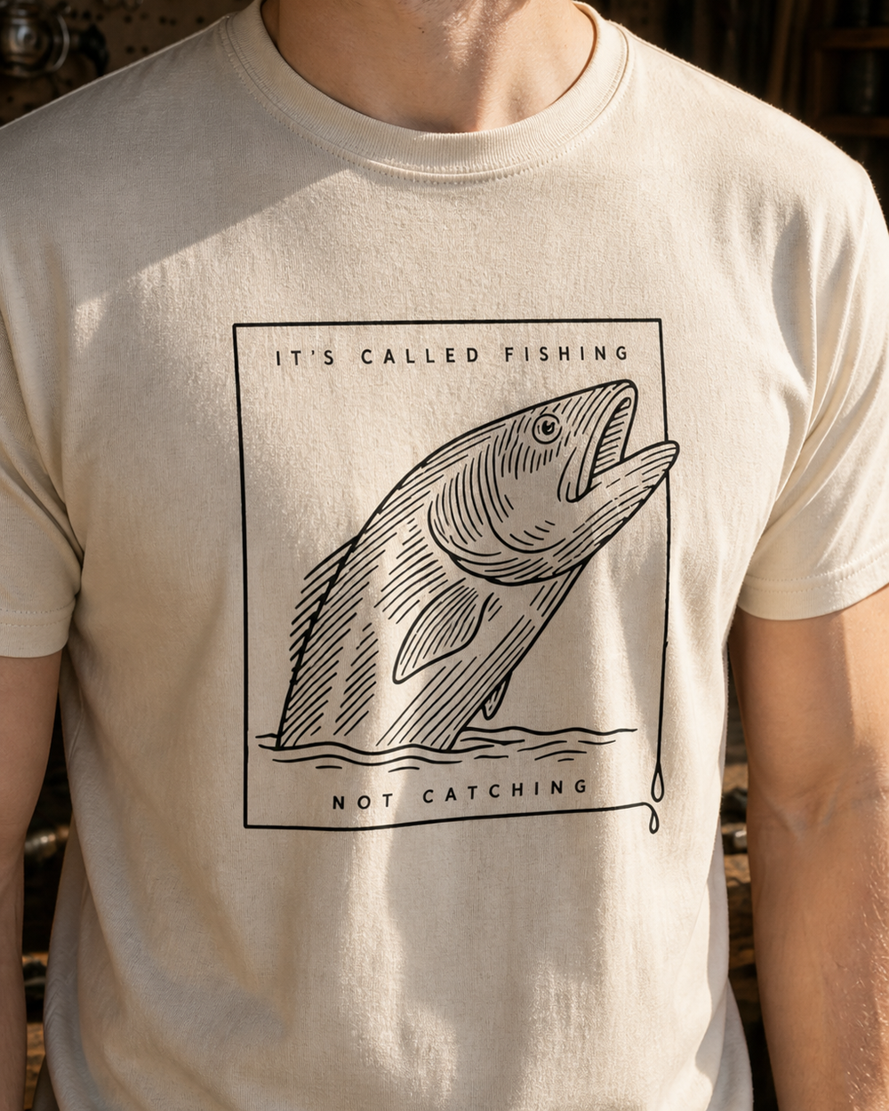 Called Fishing Etched tee — bone, worn, side