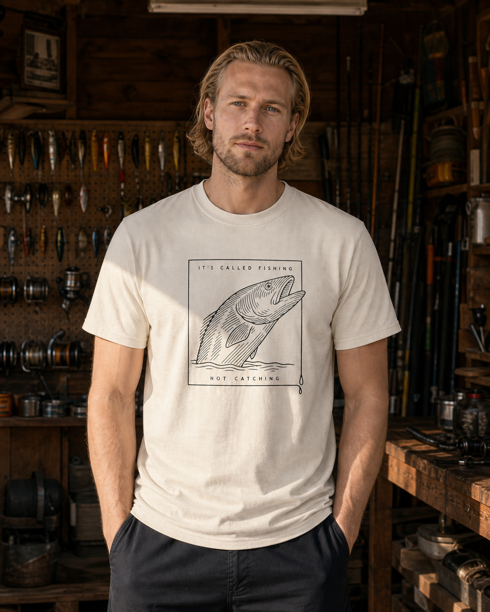 Called Fishing Etched tee — bone, worn, front