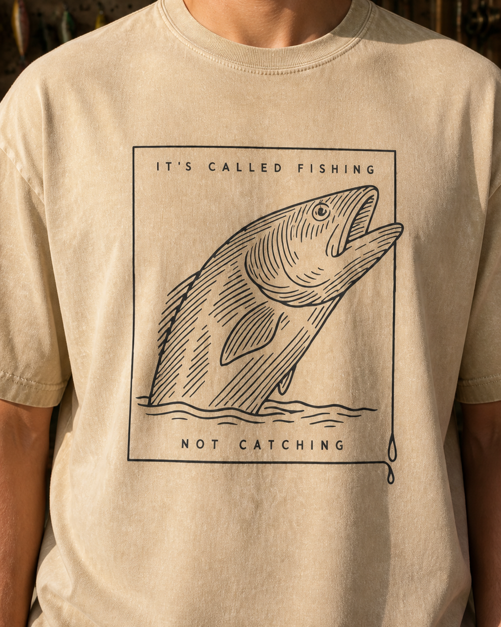 Called Fishing Etched washed tee — washed bone, worn, side