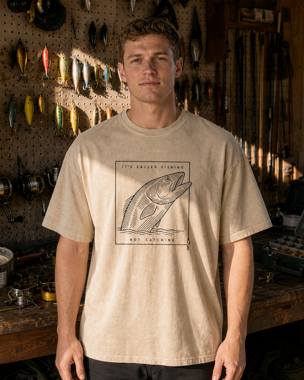 Called Fishing Etched washed tee — washed bone, worn, front
