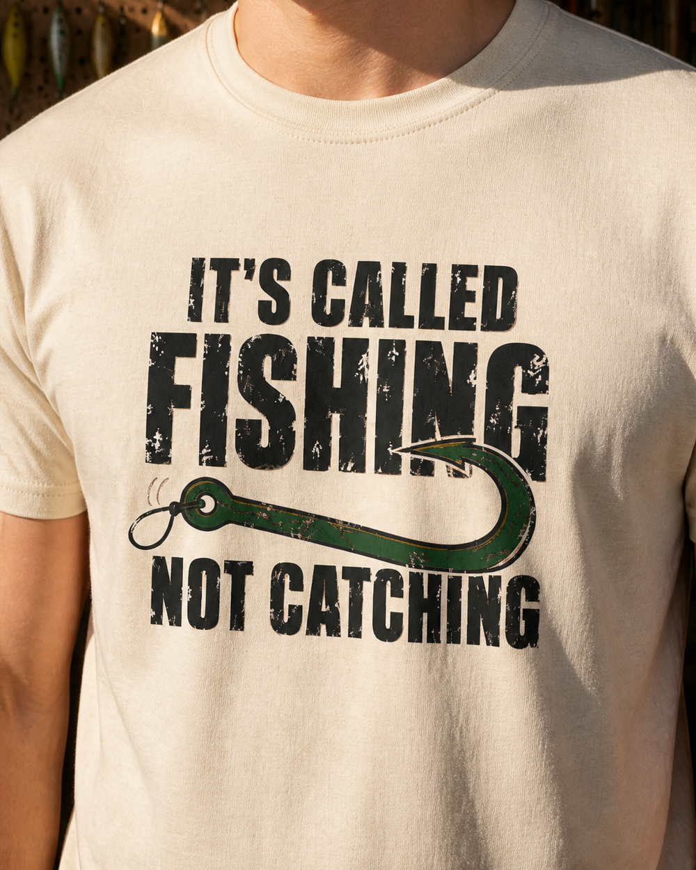 It's Called Fishing (Full Colour) tee — bone, worn, side