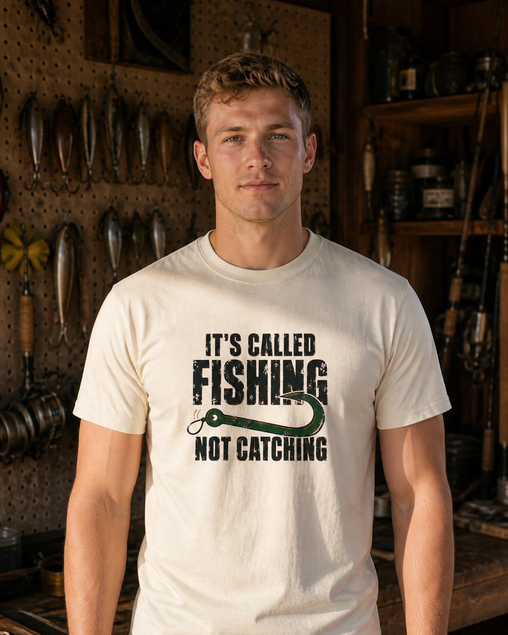 It's Called Fishing (Full Colour) tee — bone, worn, front