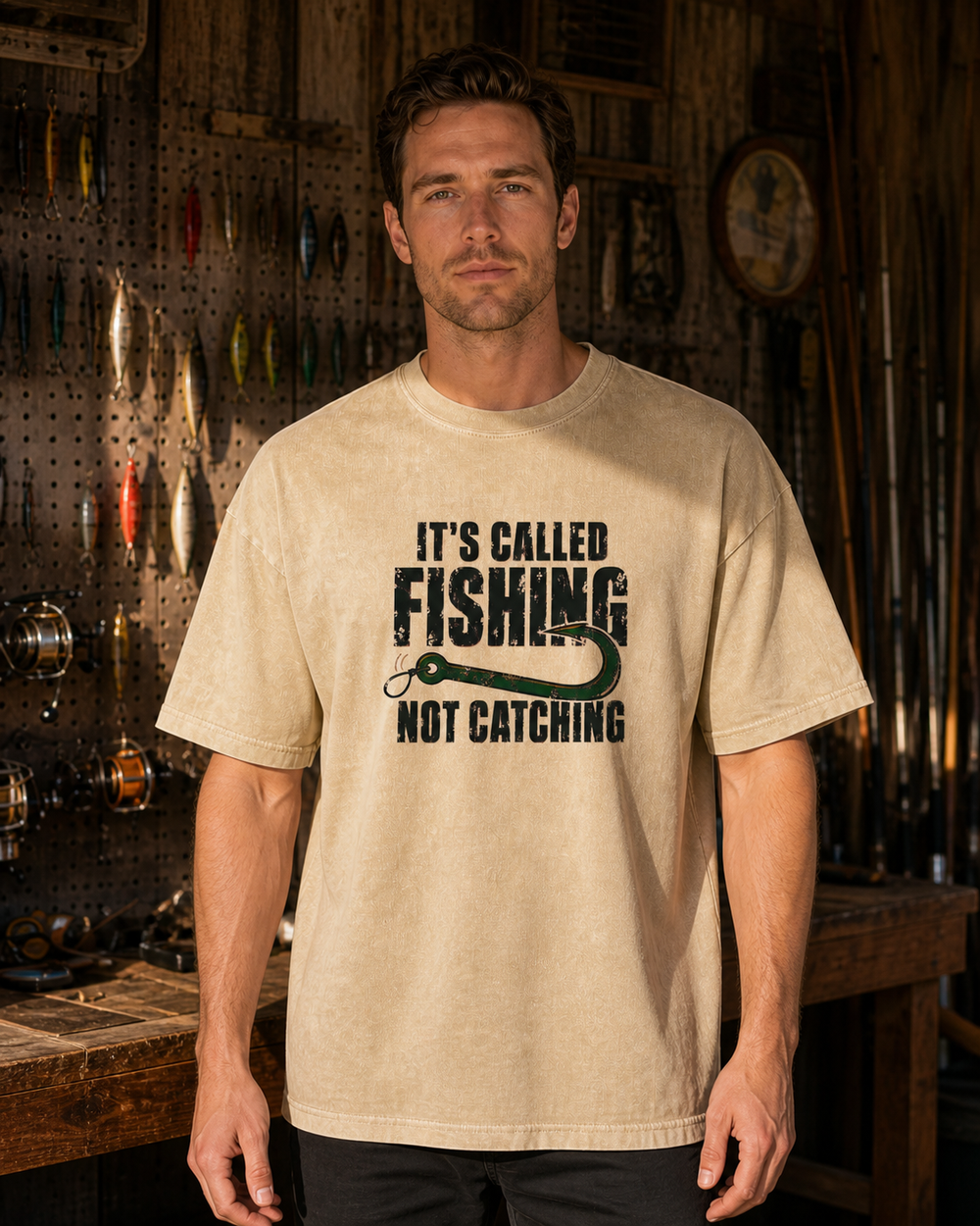 It's Called Fishing (Full Colour) washed tee — washed bone, worn, front