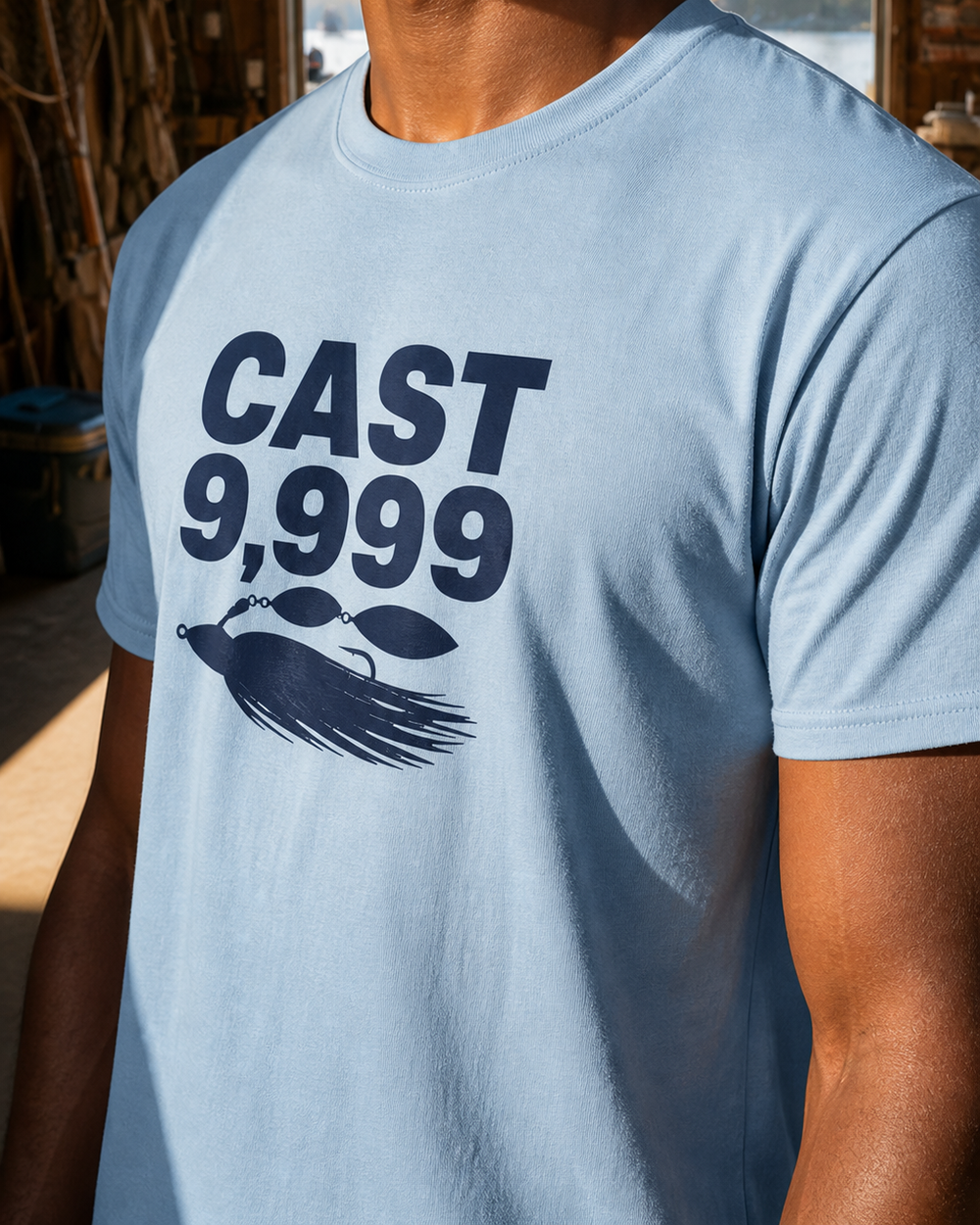 Cast 9,999 Bold tee — light blue, worn, side