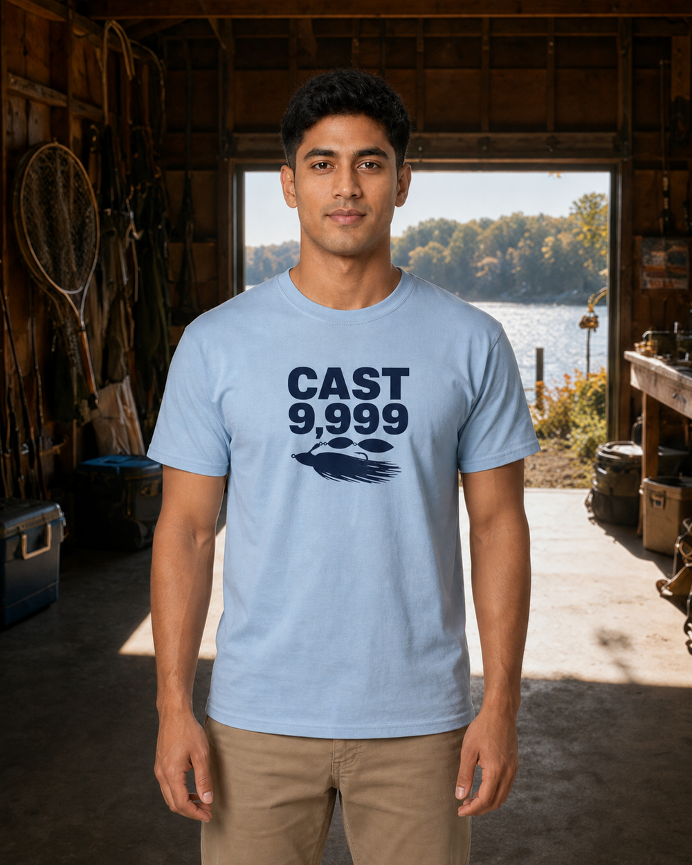 Cast 9,999 Bold tee — light blue, worn, front