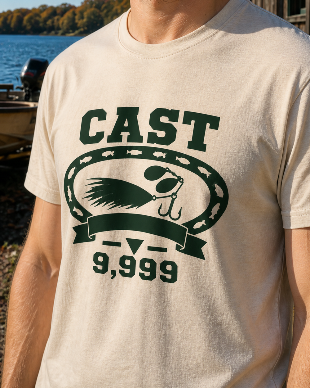 Cast 9,999 Heritage tee — bone, worn, side