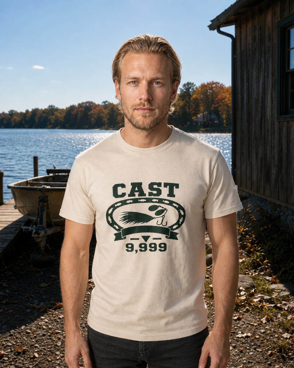 Cast 9,999 Heritage tee — bone, worn, front