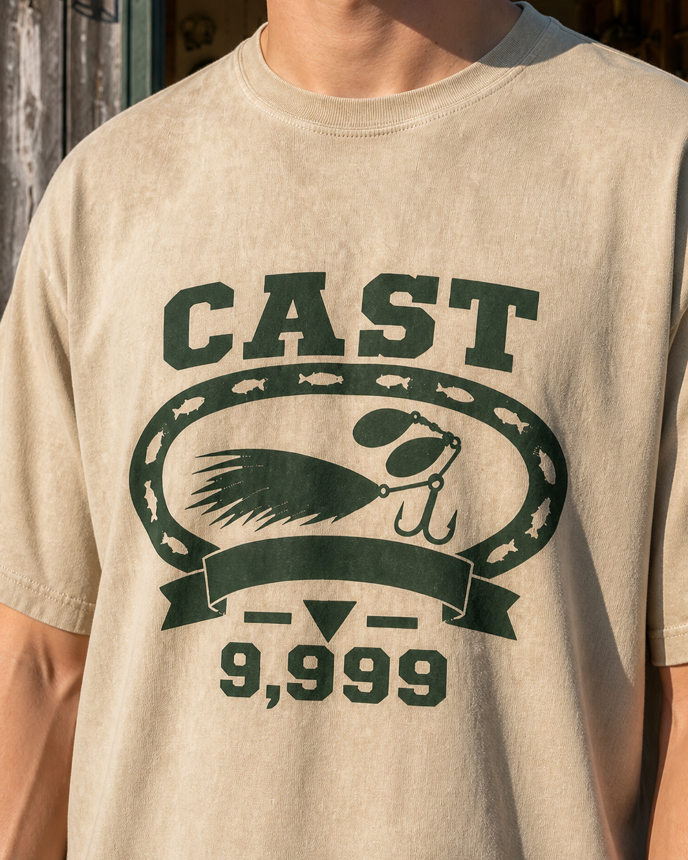 Cast 9,999 Heritage washed tee — washed bone, worn, side