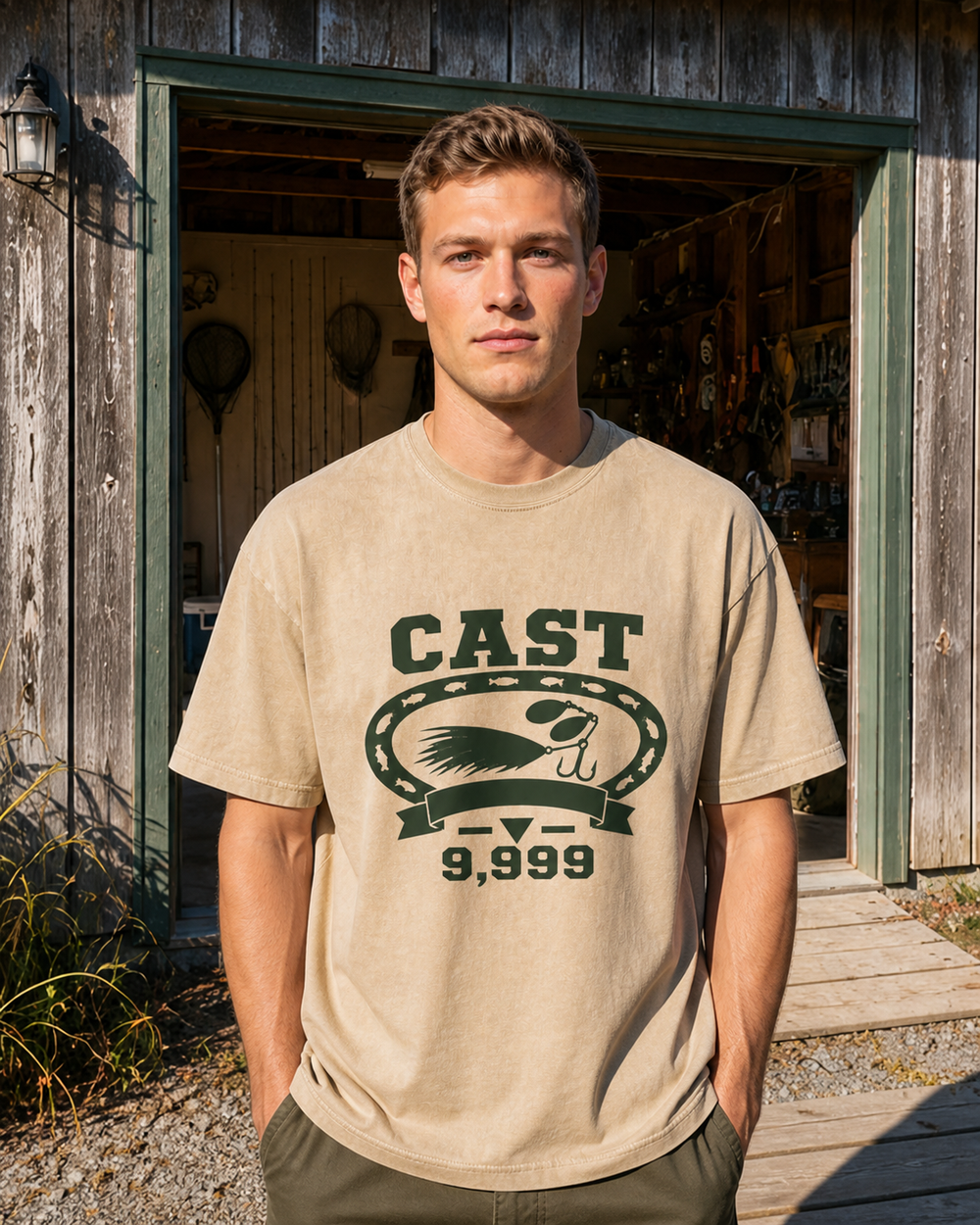 Cast 9,999 Heritage washed tee — washed bone, worn, front