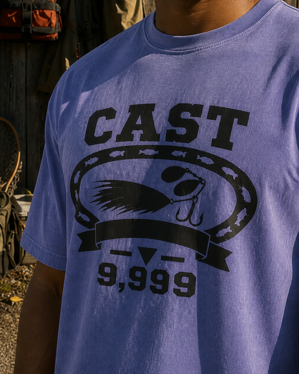 Cast 9,999 Heritage washed tee — washed blue, worn, side
