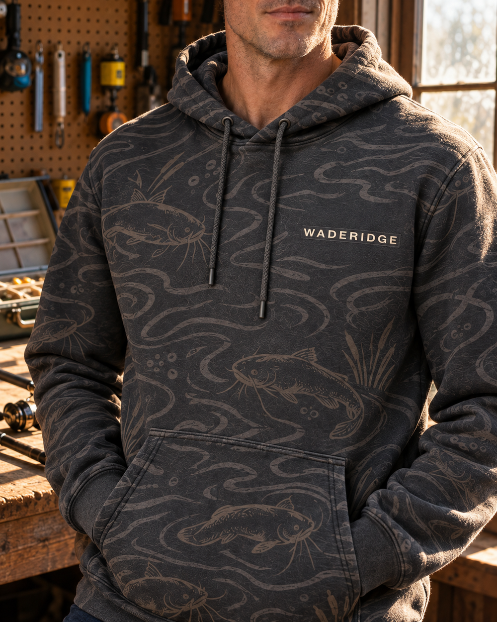 Catfish Are Calling River Badge All-Over Print Hoodie — model angle