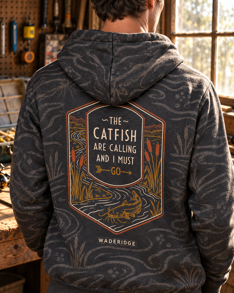 Catfish Are Calling River Badge All-Over Print Hoodie — model back angle