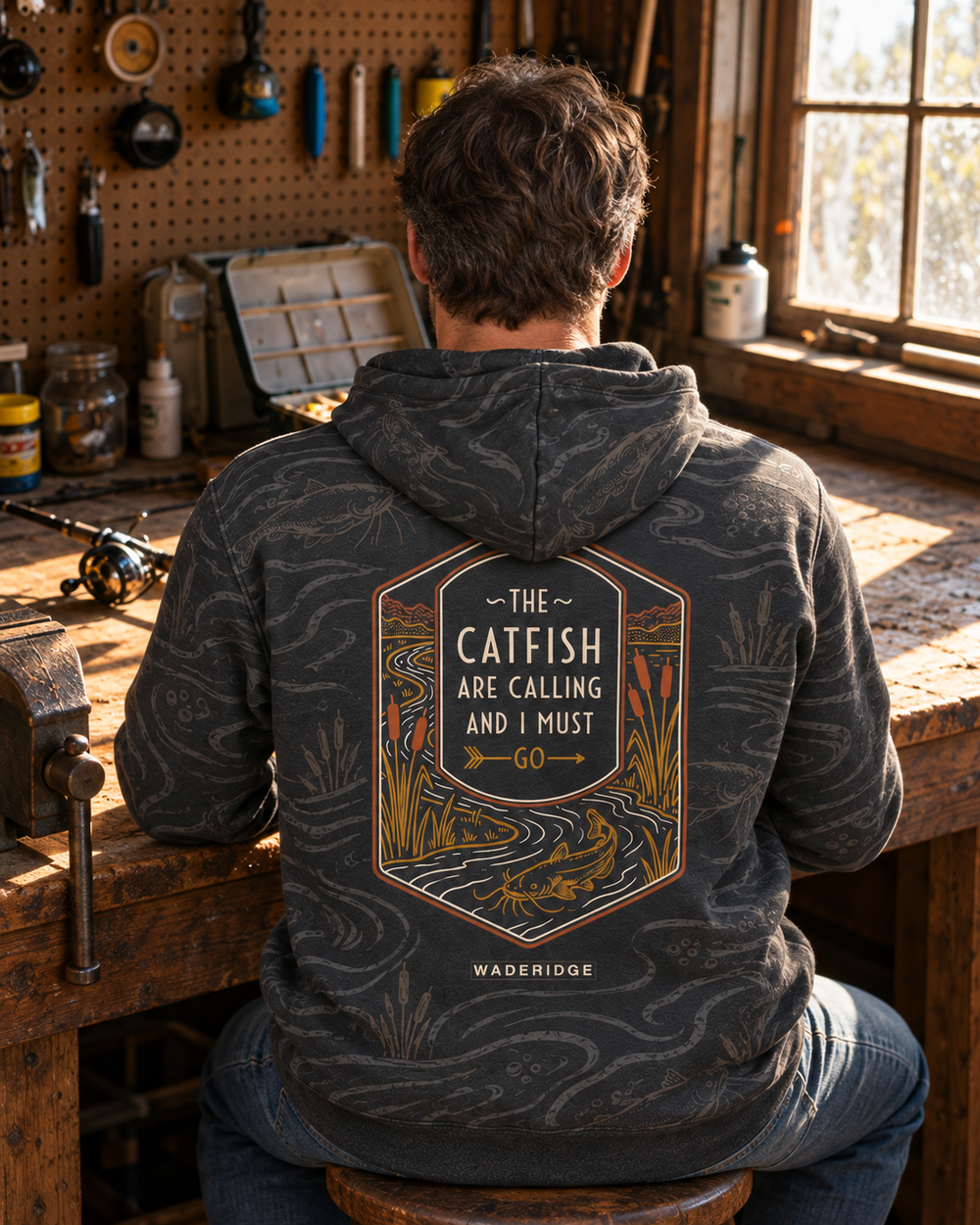 Catfish Are Calling River Badge All-Over Print Hoodie — model back