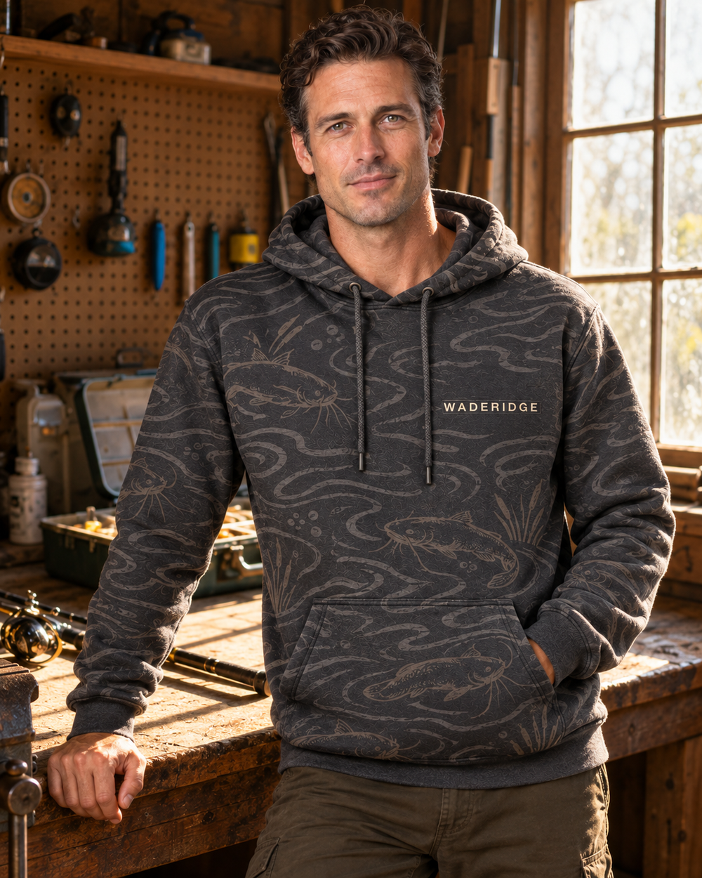 Catfish Are Calling River Badge All-Over Print Hoodie — model front