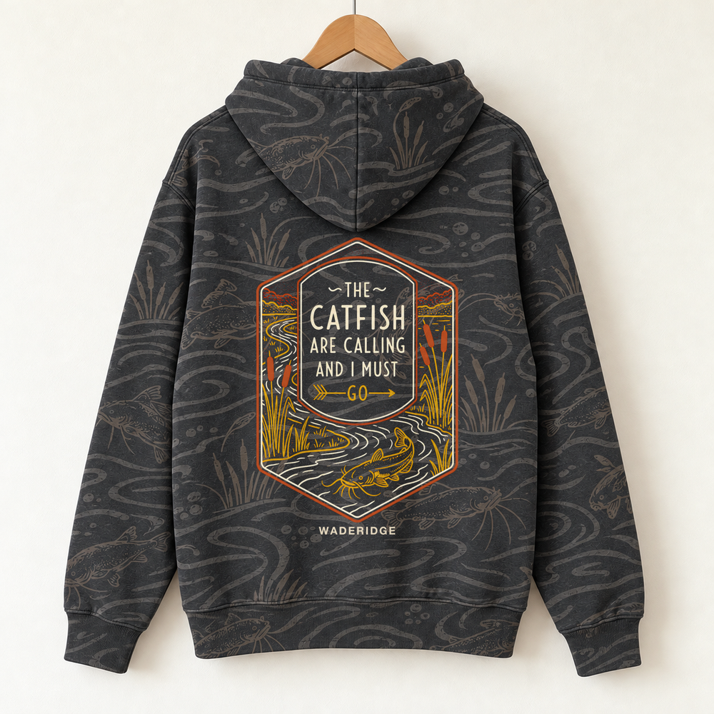 Catfish Are Calling River Badge All-Over Print Hoodie — on a hanger, back