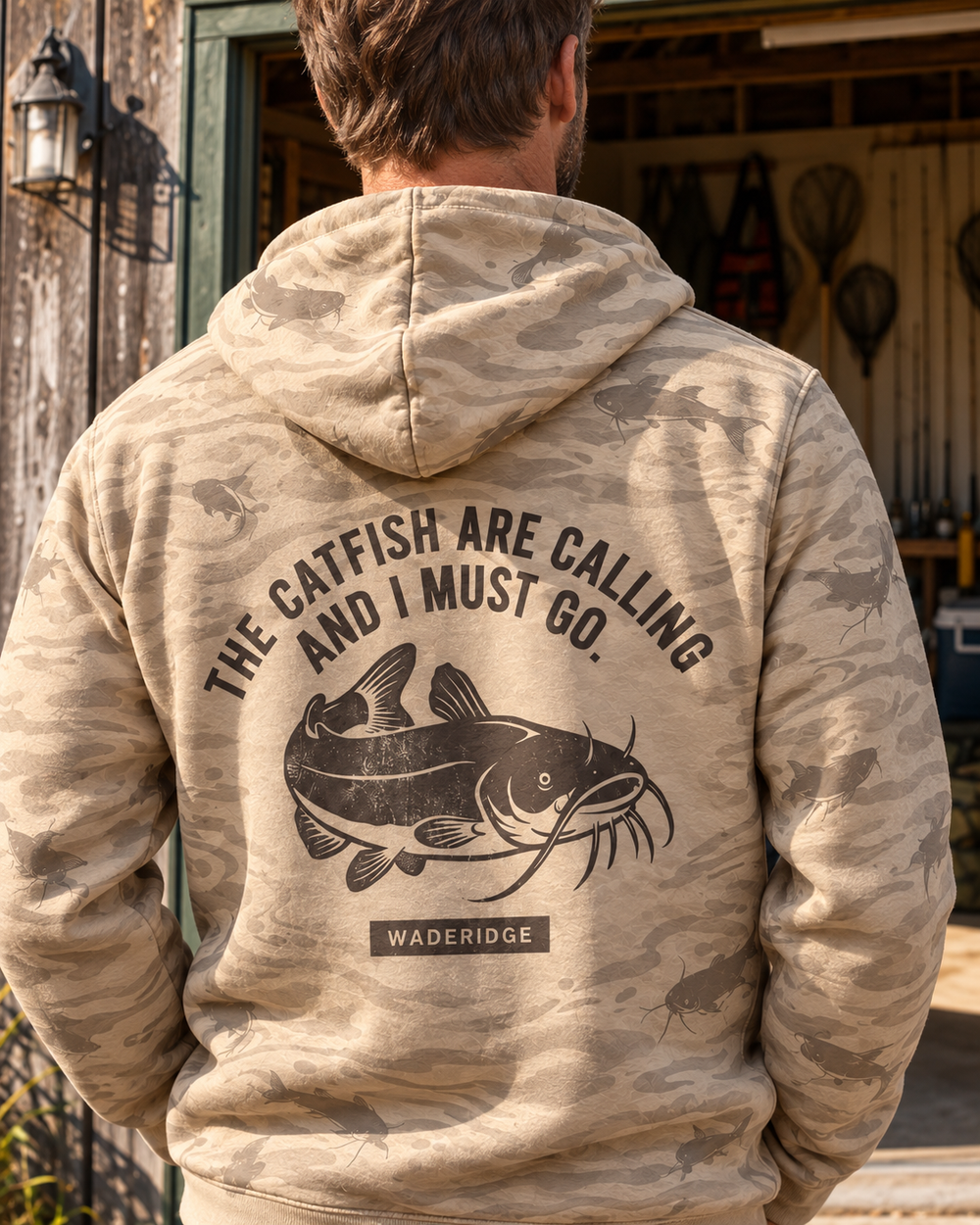 Catfish Are Calling Whiskered Catfish All-Over Print Hoodie — model back angle