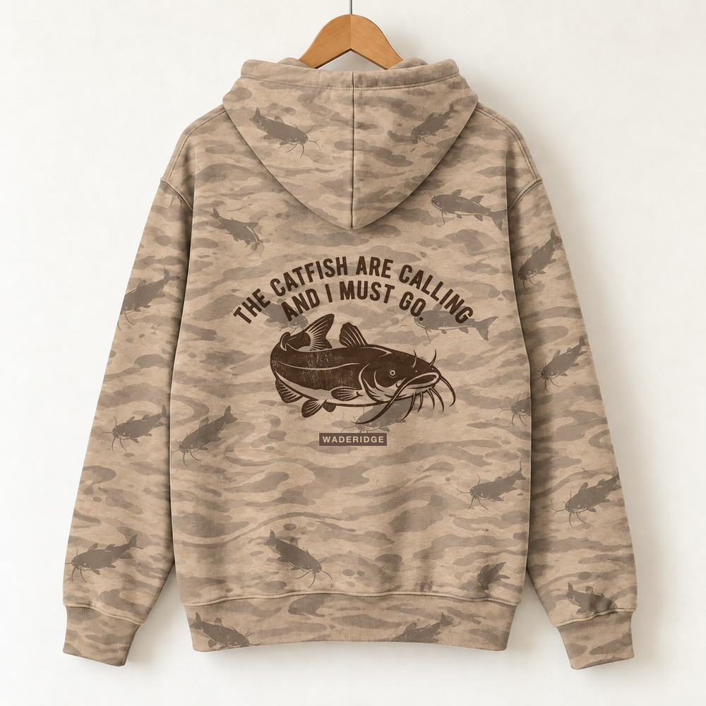 Catfish Are Calling Whiskered Catfish All-Over Print Hoodie — on a hanger, back