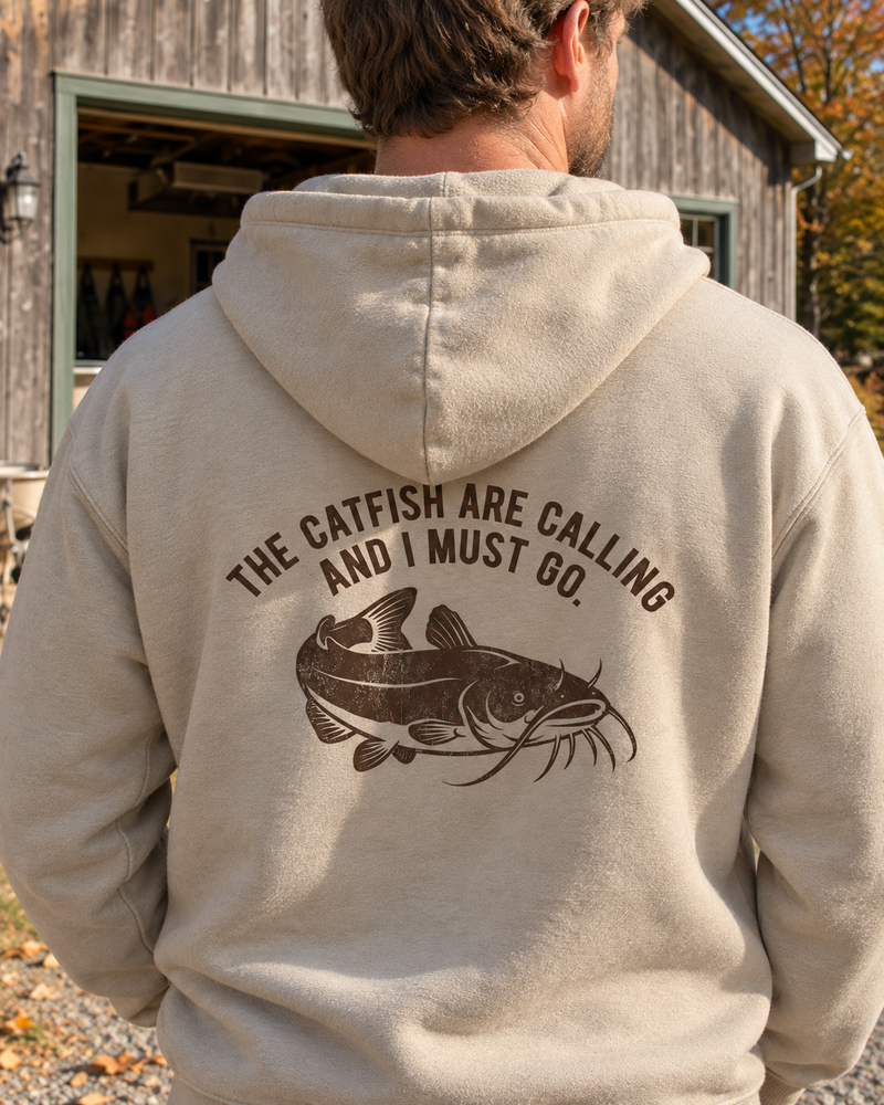 Catfish Are Calling Whiskered Catfish Hoodie — Sand — model back close-up