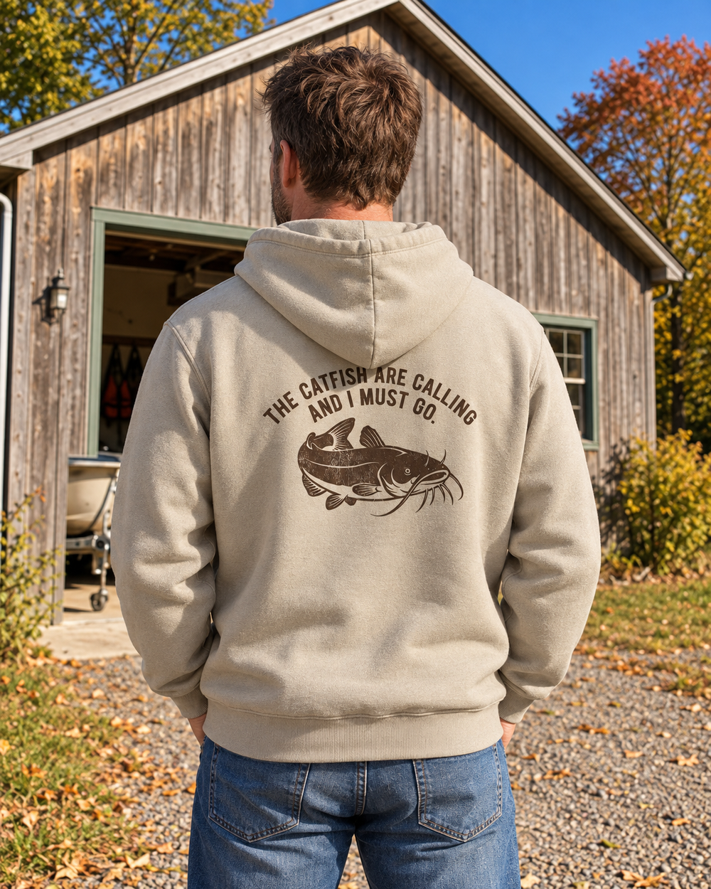 Catfish Are Calling Whiskered Catfish Hoodie — Sand — model back