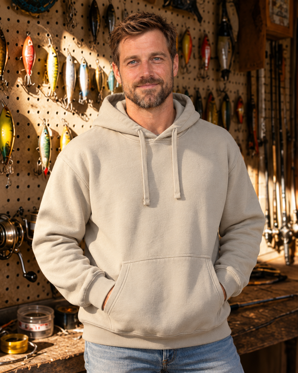 Catfish Are Calling Whiskered Catfish Hoodie — Sand — model front