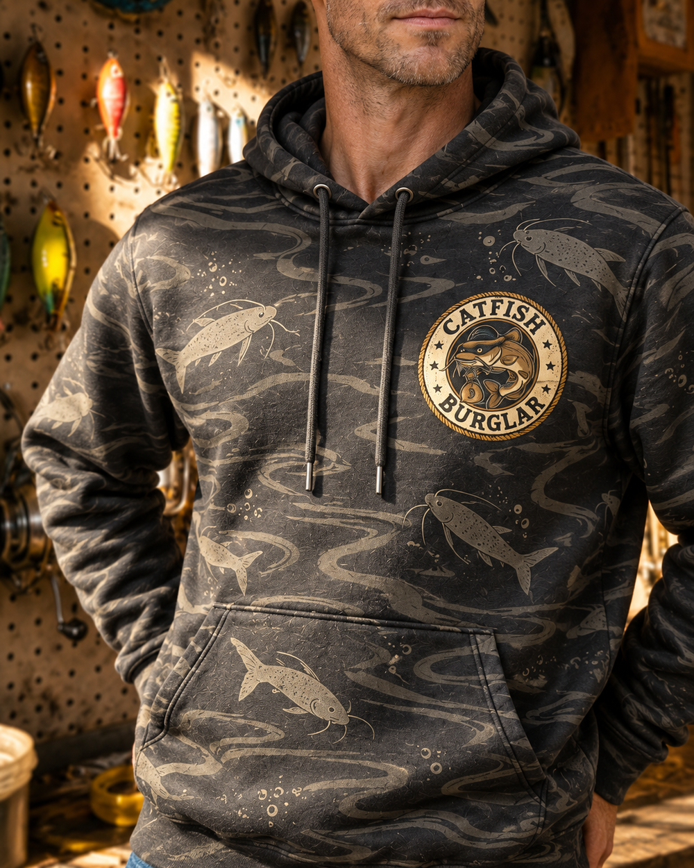 Catfish Burglar Loot Badge All-Over Print Hoodie — model angle