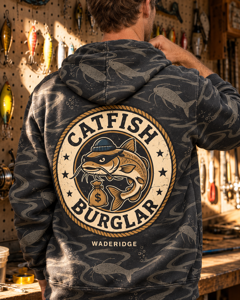 Catfish Burglar Loot Badge All-Over Print Hoodie — model back angle