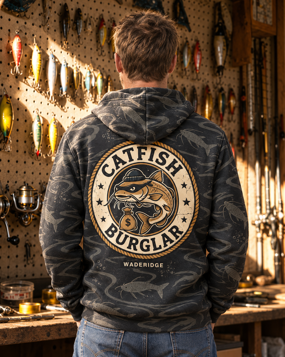 Catfish Burglar Loot Badge All-Over Print Hoodie — model back