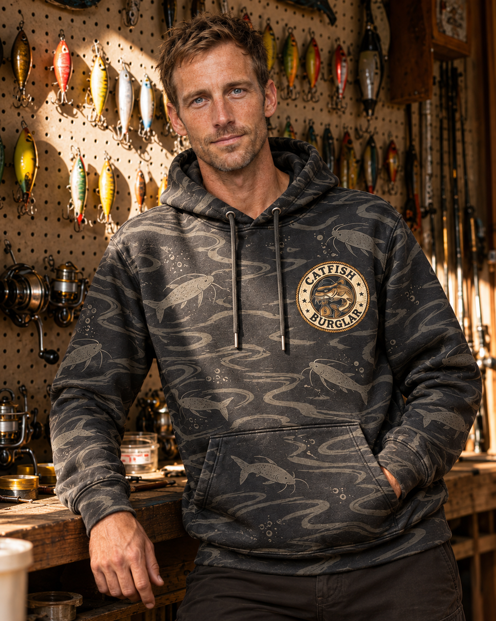 Catfish Burglar Loot Badge All-Over Print Hoodie — model front