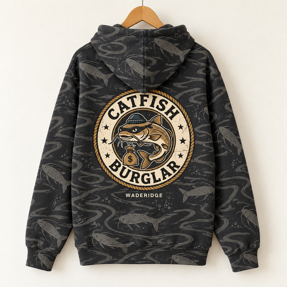 Catfish Burglar Loot Badge All-Over Print Hoodie — on a hanger