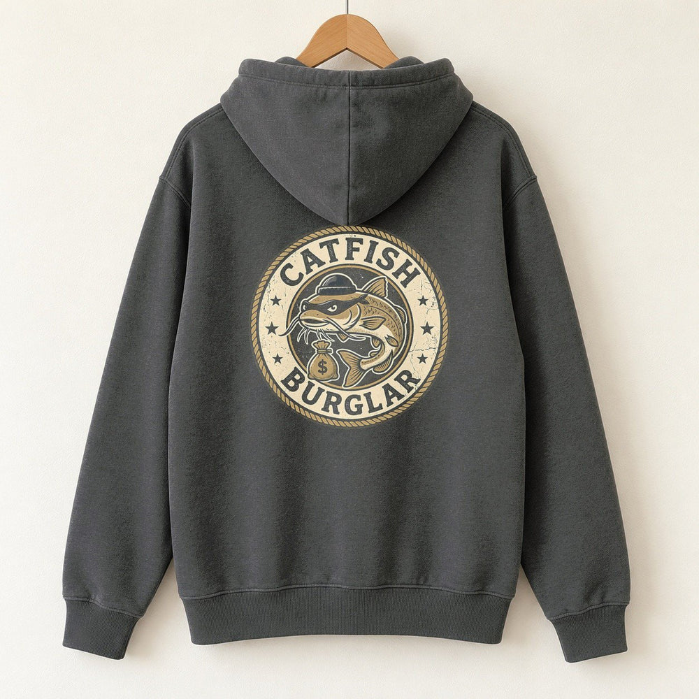 Catfish Burglar Loot Badge Hoodie — Charcoal — back print