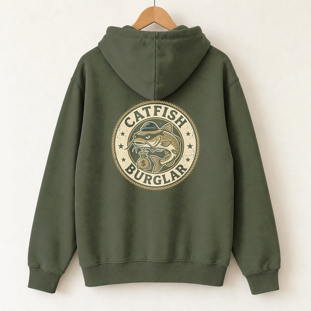 Catfish Burglar Loot Badge Hoodie — Military Green — back print