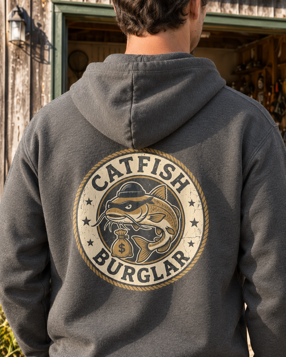 Catfish Burglar Loot Badge Hoodie — Charcoal — model back close-up
