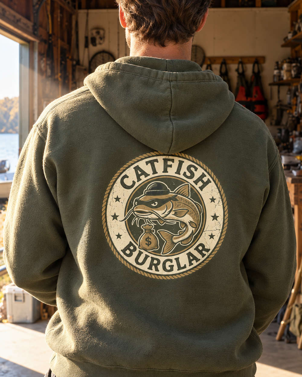 Catfish Burglar Loot Badge Hoodie — Military Green — model back close-up