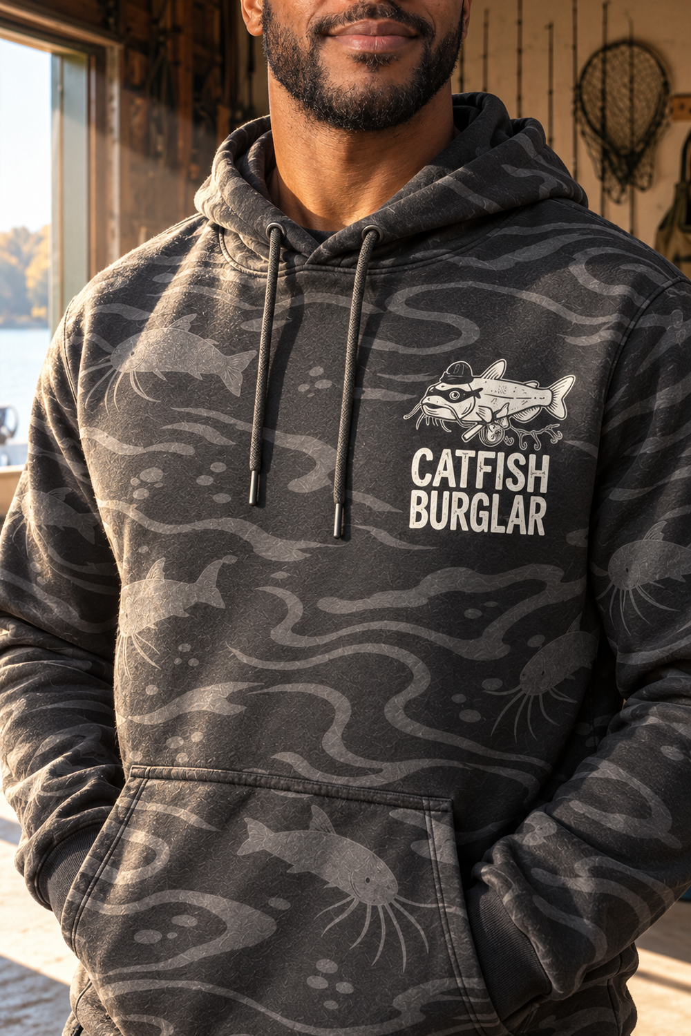 Catfish Burglar Masked All-Over Print Hoodie — model angle