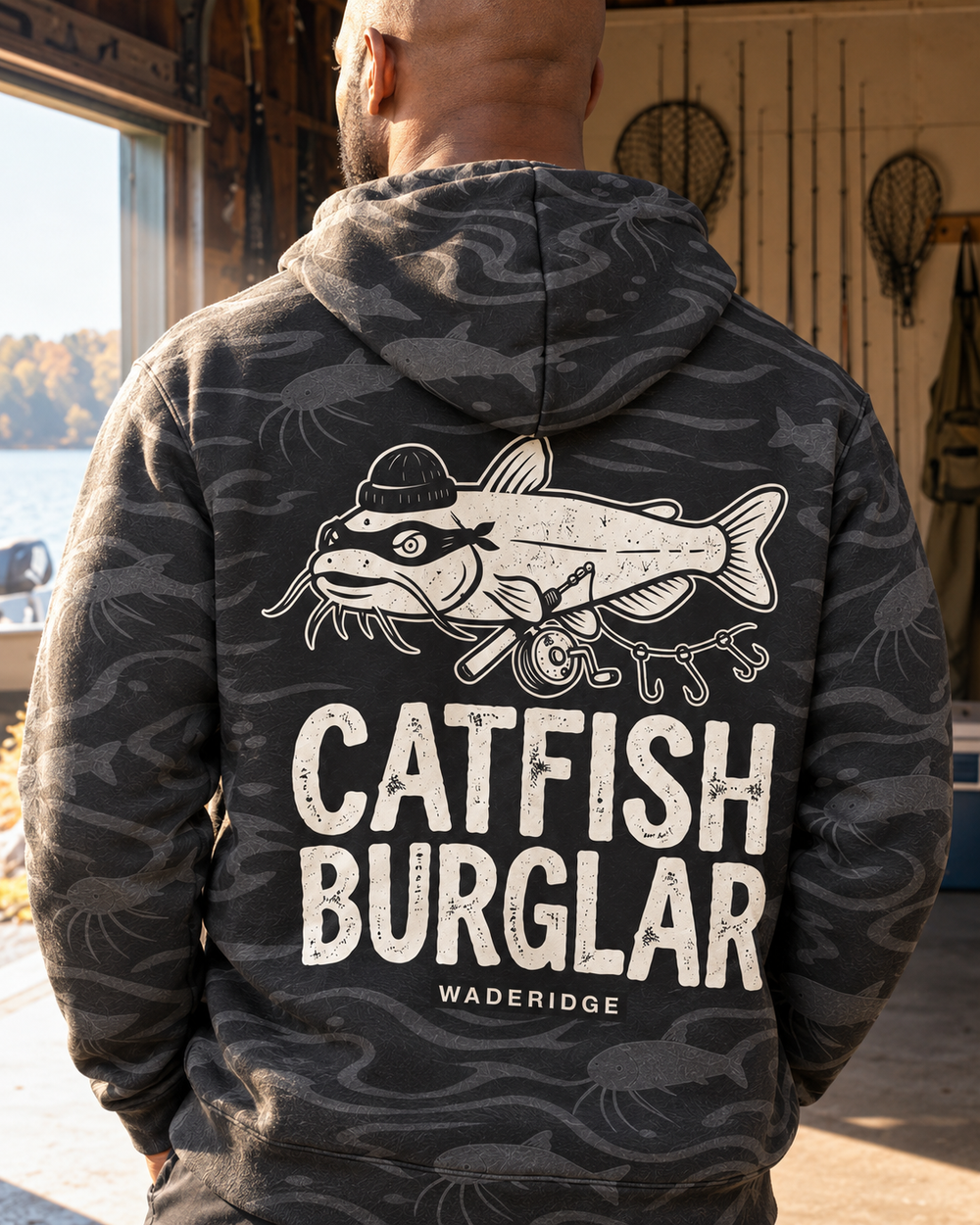 Catfish Burglar Masked All-Over Print Hoodie — model back angle