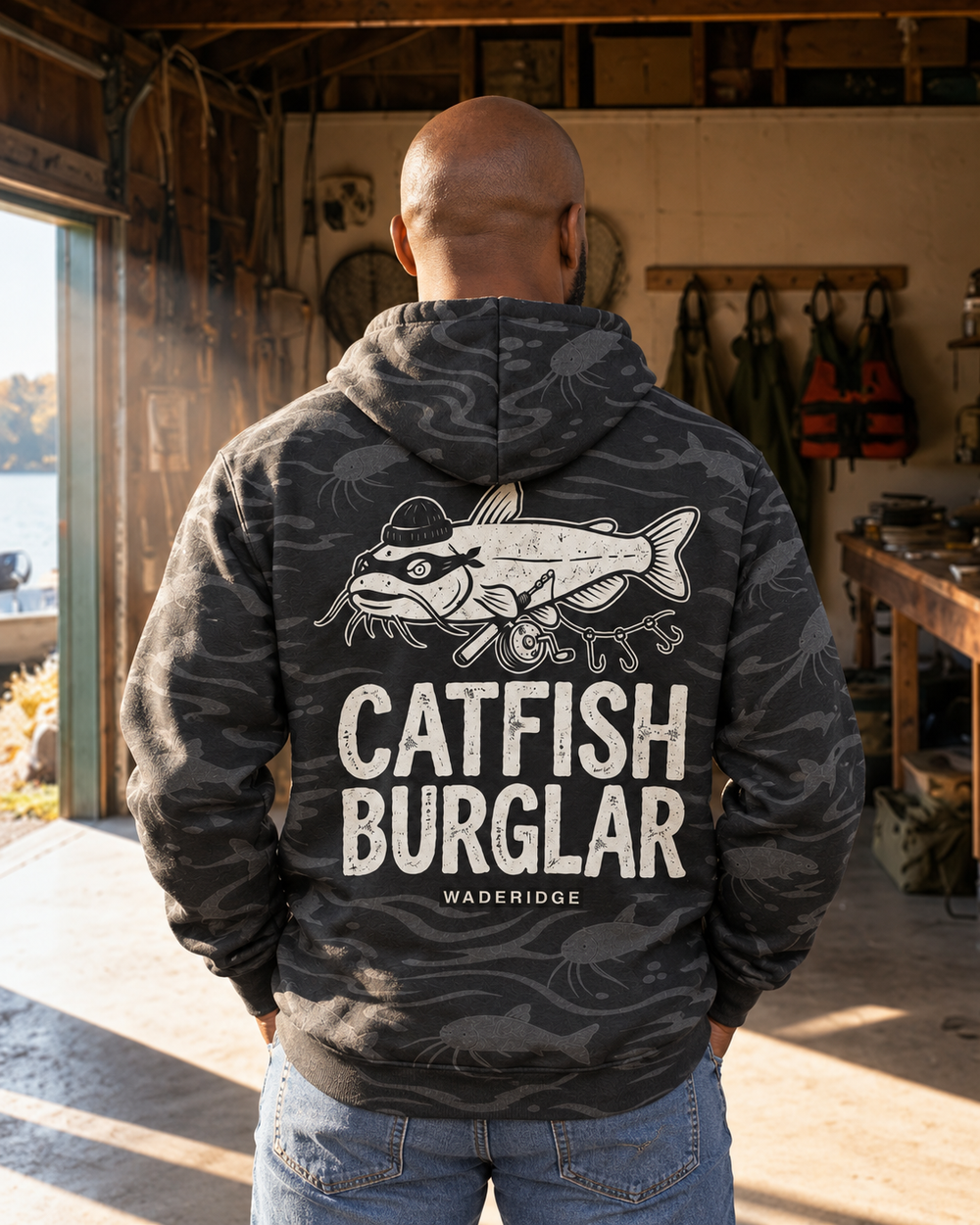 Catfish Burglar Masked All-Over Print Hoodie — model back