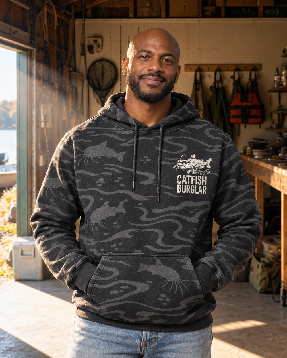 Catfish Burglar Masked All-Over Print Hoodie — model front