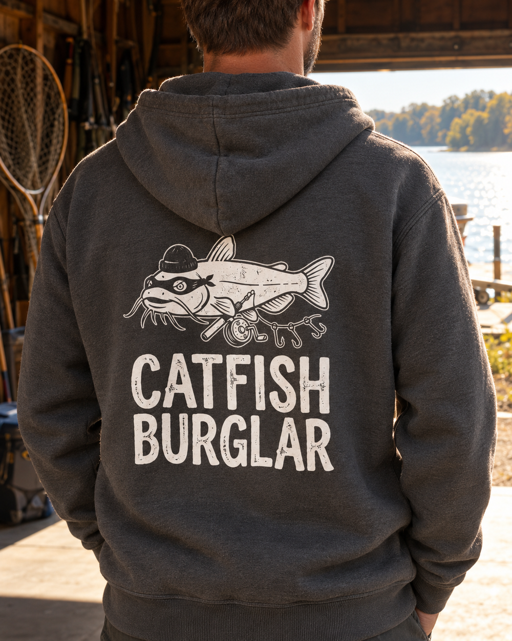 Catfish Burglar Masked Hoodie — Charcoal — model back close-up