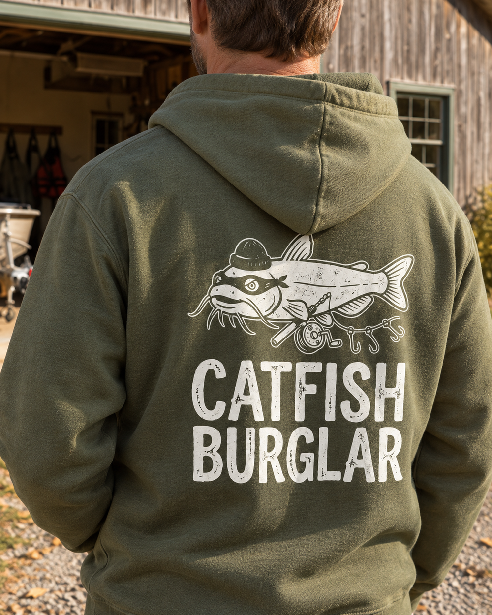 Catfish Burglar Masked Hoodie — Military Green — model back close-up
