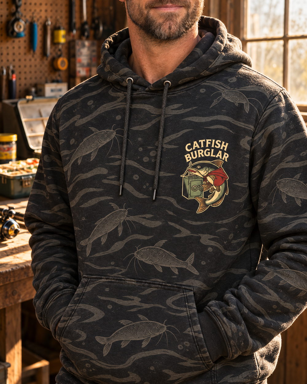 Catfish Burglar Safe Heist All-Over Print Hoodie — model angle