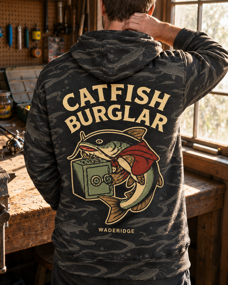 Catfish Burglar Safe Heist All-Over Print Hoodie — model back angle