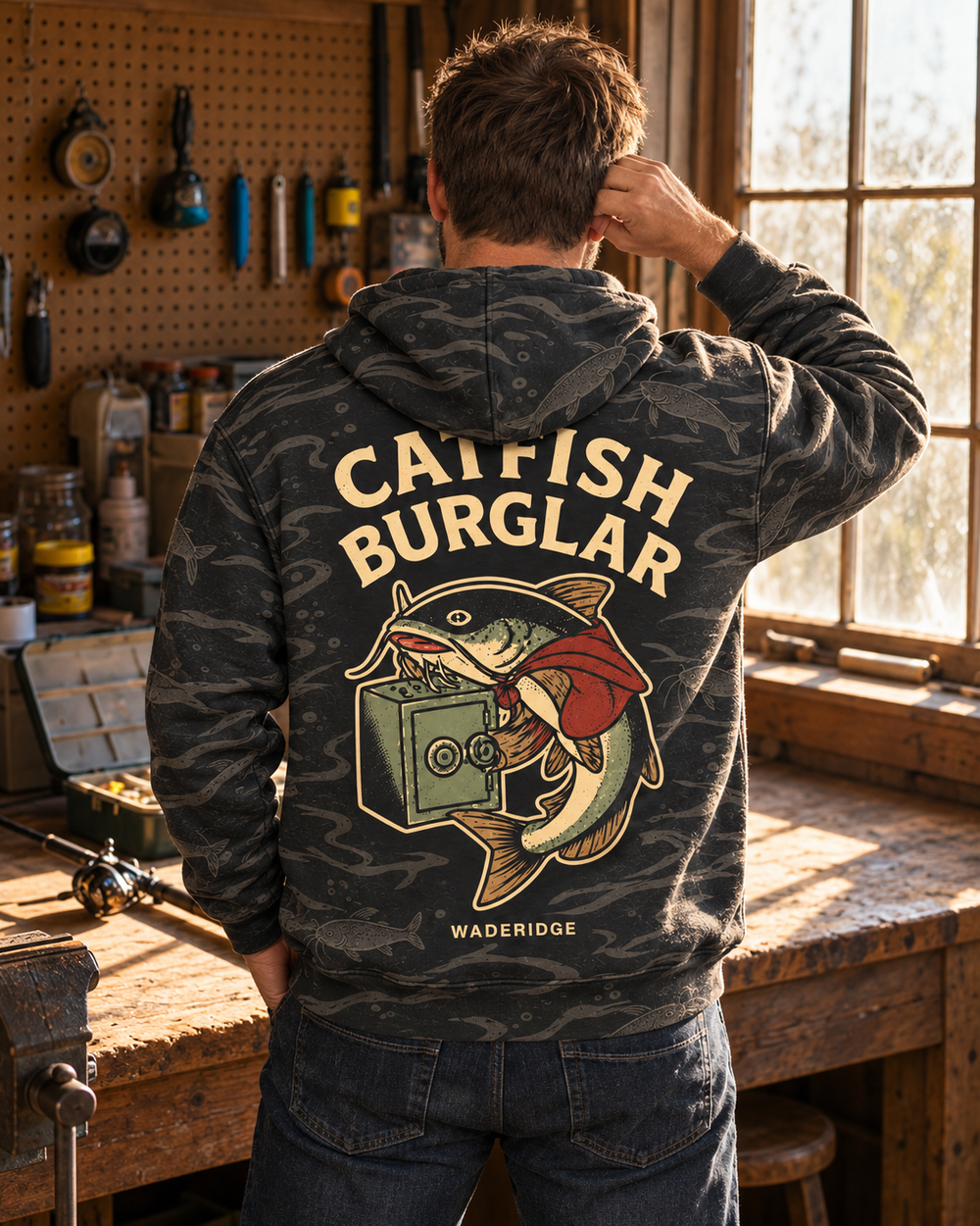 Catfish Burglar Safe Heist All-Over Print Hoodie — model back
