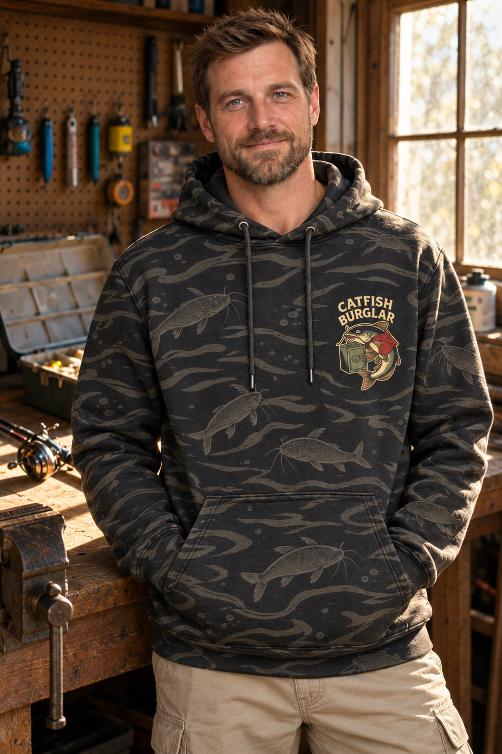 Catfish Burglar Safe Heist All-Over Print Hoodie — model front