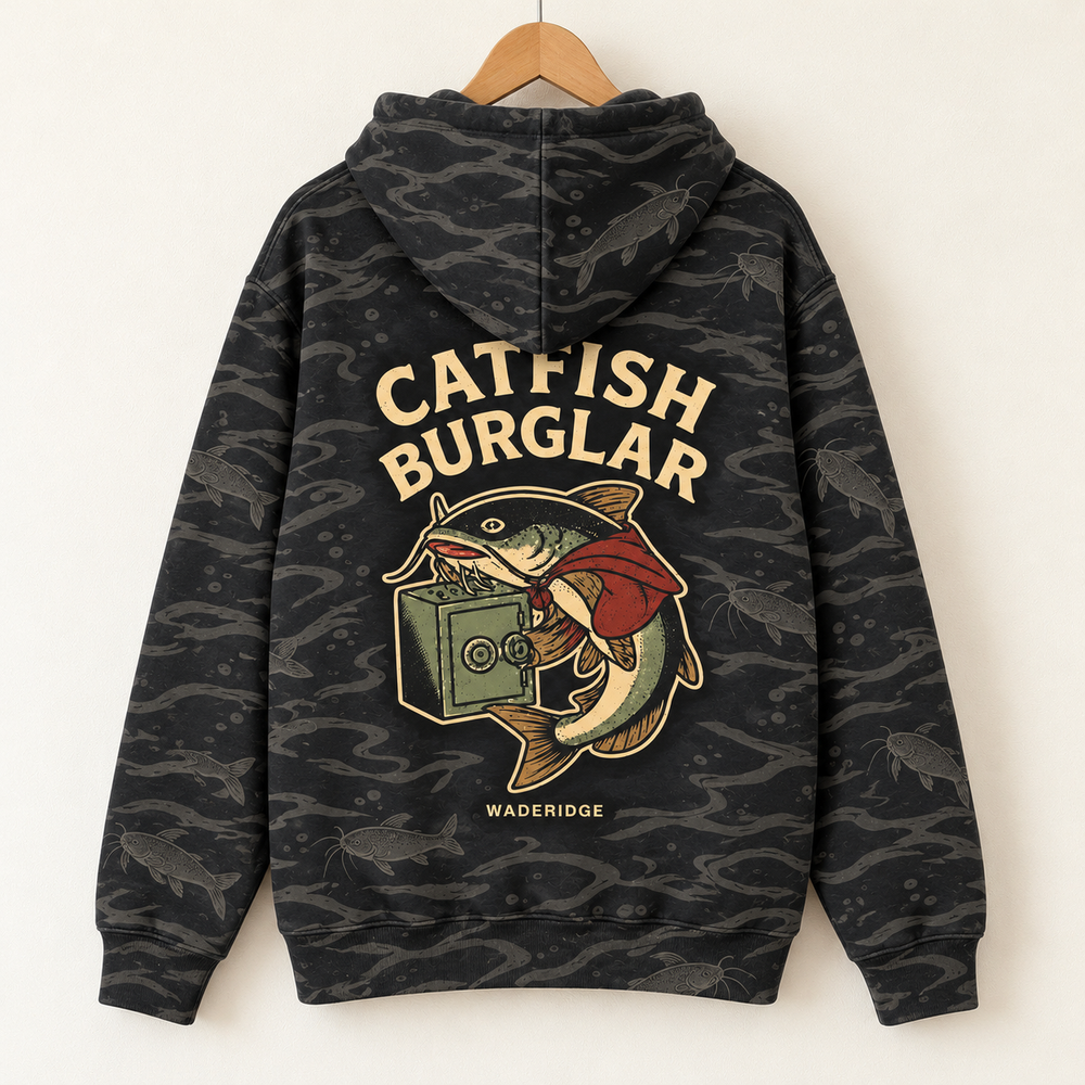 Catfish Burglar Safe Heist All-Over Print Hoodie — on a hanger